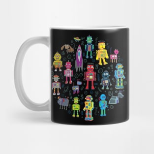 Robots in Space - bright retro robot circle Mug